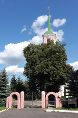 The spire of the Orthodox church and the tree growing in front of it.