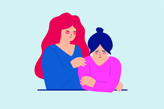 Flat young female comforts her best friend due to depression and anxiety. Close Friends and family help. Mother support her crying daughter. Concept of solidarity for people under stress. Vector.
