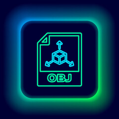 Glowing neon line OBJ file document. Download obj button icon isolated on black background. OBJ file symbol. Colorful outline concept. Vector.