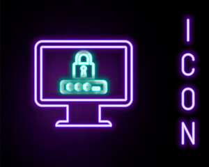 Glowing neon line Monitor with password notification and lock icon isolated on black background. Security, personal access, user authorization, login form. Colorful outline concept. Vector.