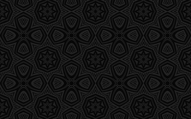 Obraz na płótnie Canvas Ethnic convex volumetric wallpaper from a 3D pattern. Black embossed background from geometric shapes for design and decor.