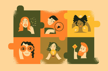 Team metaphor. Various People portraits on puzzles as symbol successfull team. Everyone performs their function. Srategy, planning, comunication, creativity. Flat vector illustration in trendy style.