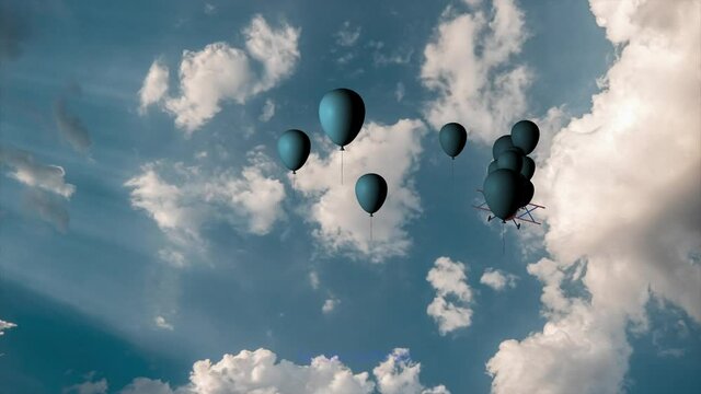 Un avi&oacute;n de madera deja una estela de globos azules. Concepto juego de ni&ntilde;os