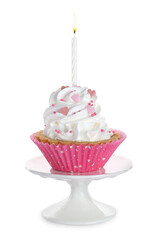 Delicious cupcake with candle on white background