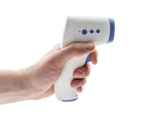 infrared non-contact thermometer. electric thermometer in hand on white isolated background