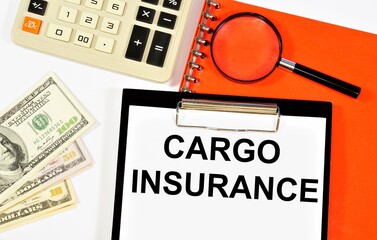 Cargo insurance. Text label in the planning folder. Protection of property interests of cargo owners in case of losses.