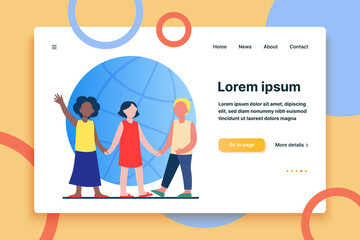 Multiethnic kids holding hands. Globe in background. World, multinational, friend flat vector illustration. Diversity and nations concept for banner, website design or landing web page