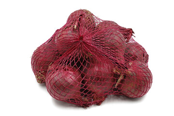 red onion in a net bag isolated on white background