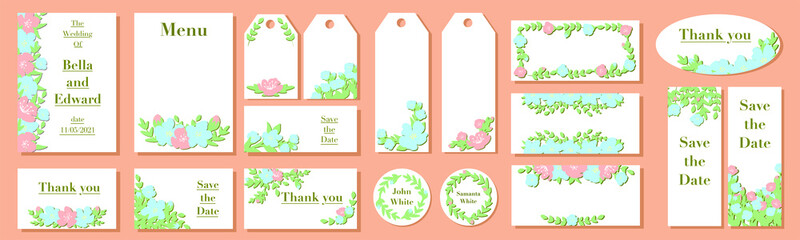 A set of invitations for weddings, birthdays and other holidays. Spring flowers. green branches. greeting cards. title pages. stickers. Flower card.