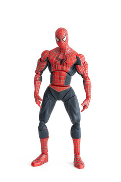 ISTANBUL, TURKEY, FEBRUARY 11, 2021: Full body shot of a Spiderman action figure, a fictional superhero created by writer-editor Stan Lee and writer-artist Steve Ditko. He first appeared in 1962.
