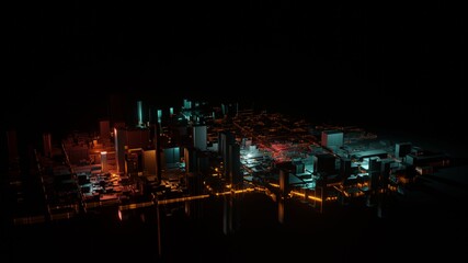 Obraz premium Aerial view of skyscrapers in holographic neon colors. Futuristic buildings and glowing lights. 3D rendering illustration