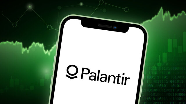 Palantir stock market vector illustration, with iPhone splash screen. Bullish green.