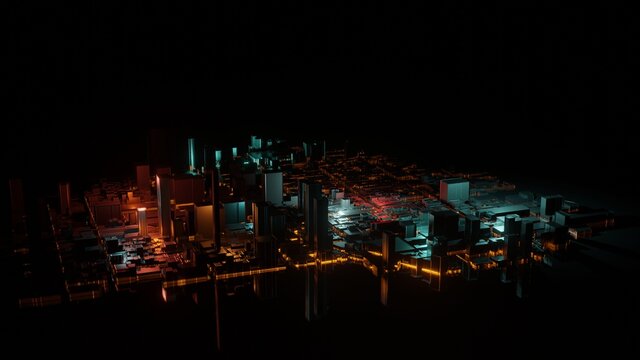 Aerial view of skyscrapers in holographic neon colors. Futuristic buildings and glowing lights. 3D rendering illustration