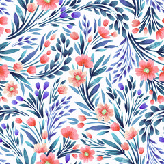 Naklejka premium Floral watercolor seamless pattern. Design for fabric, wallpaper, wrapping paper and more.
