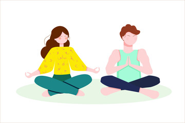 Young woman and young man Couple doing yoga and meditation at home and strengthening their immunity. Cute flat vector illustration.  Mental health concept.