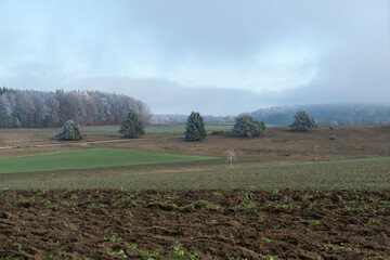 Fototapeta premium Schwäbische Alb bei Altsteusslingen, Landschaft mit Feldern, Bäumen und Wolken bei Frost