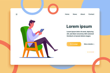 Man sitting in green armchair with tablet computer. Man in casual outfit browsing his tablet computer flat vector illustration. Freelance and relax concept for banner, website, landing page