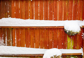 Rusty red wood texture background with snow
