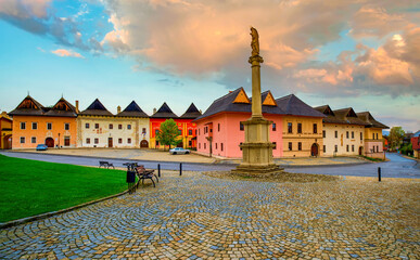 Medieval town Spisska Sobota with Marian column and colorful houses on central square. Poprad city, Slovakia