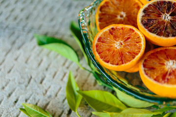 Fruit bowl with Valencian oranges of the sanguinelli variety