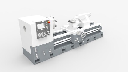 Lathe 3D rendering milling machine isolated in white studio background. Metal works
