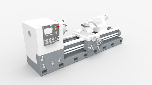 Lathe 3D Rendering Milling Machine Isolated In White Studio Background. Metal Works