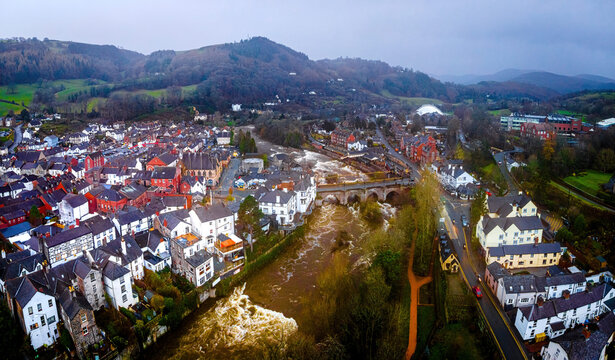 Aerial view of Llangollen,  a town and community on the River Dee in Denbighshire, Wales