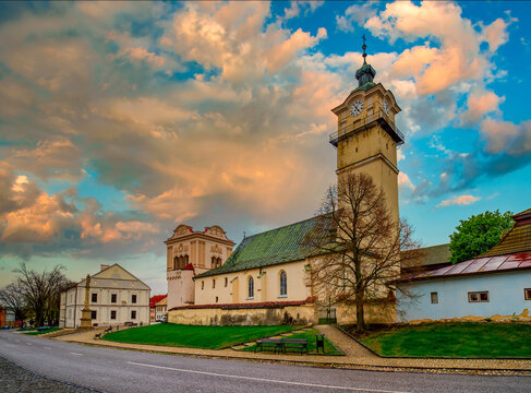 Gothic church and Renaissance bell tower in the main square of Spisska Sobota in Poprad, Slovakia