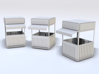 3D RENDER ILLUSTRATION. Sample idea model hot food and drink booth exhibition counter kiosk. Small business street food stall or Product fair market concept design.