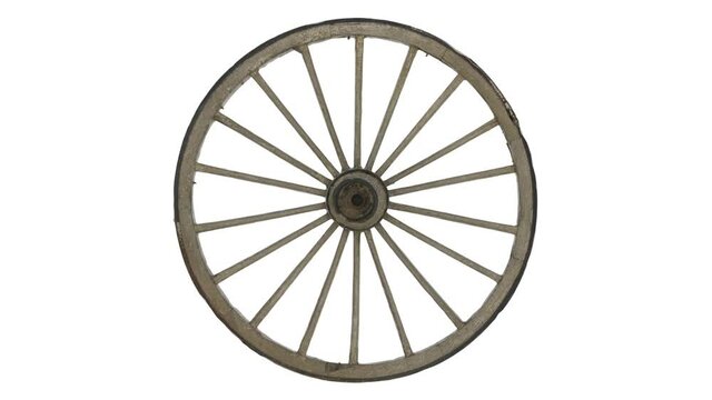 The wooden wheel from the old cart rotates on a white background. Seamless loop.