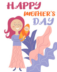 Happy Mother's Day. Mother and child. Mother Holding Baby Son In Arms. Greeting card for mother's day celebration. Vector cartoon illustration.