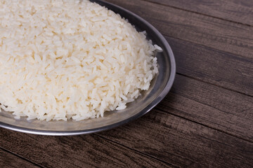 Cooked white rice. Gourmet close-up photography.