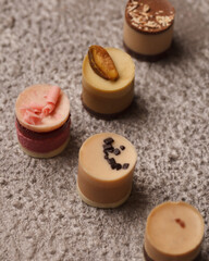 Chocolate and chocolate candy. Different chocolates and candies for coffee and tea.