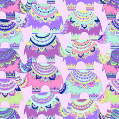 Seamless vector colorful pattern of lined elephants with ornamental decoration.