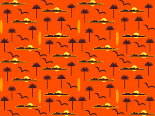 Vector graphics - a beautiful pattern with palm trees, the sun and flying gulls on a bright orange background. Concept-sunset on a tropical beach