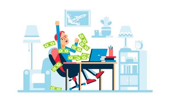 Online winning - a man rejoices. Money flow from laptop screen. Vector illustration.