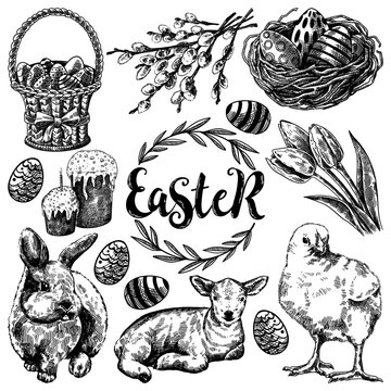 Engraving vintage collection of ink hand drawn Easter illustrations isolated on white. Easter holiday sketch set : basket, willow, nest, easter cake, tulips, bunny, lamb and chick