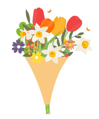Bouquet of spring flowers tulips and daffodils. Vector Illustration. EPS10