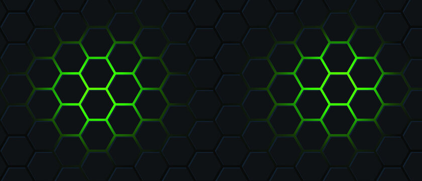 Black hexagon and green light Abstract background