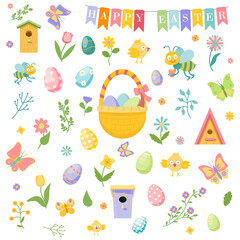 Easter spring set with inscription Happy Easter. Colorful Easter cute eggs, flowers, birdhouses, bees, butterflies. For holiday decoration and spring greeting cards. Cartoon style. Vector illustration