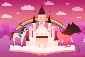 Reading fairy tales concept with open book, castle, knight and dragon, colourful fantasy world landscape, medieval characters in cartoon style, kid imagination