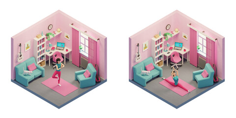 Home yoga 3d illustration. Woman is balancing