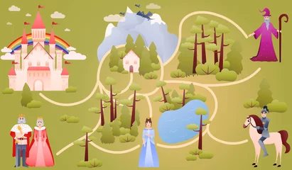  Fairy tale world map with knight, royal family - king, queen, princess, wizard and dragon, educational riddle for kids, help find right way to save lady, fantasy world for games or children books © Lozovytska