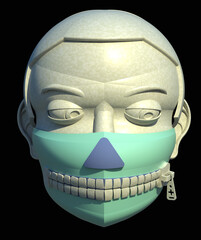Sculpture of a stone head wearing safety mask in pandemic times 3D illustration. Marble face with zipped mouth on black background. Collection.