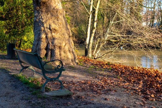 A bench near a river in winter in Brunoy, France