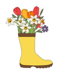 Gardening boot with flowers tulips and daffodils. Spring Concept. Vector Illustration. EPS10