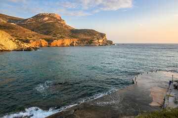 Agali Beach, beautiful cliffs and the bay with turquoise water on Folegandros island. Cyclades,...