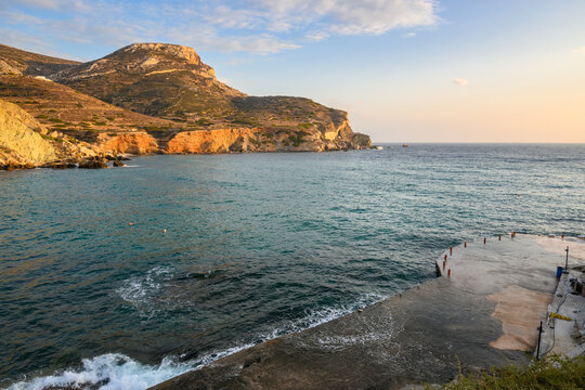Agali Beach, beautiful cliffs and the bay with turquoise water on Folegandros island. Cyclades, Greece