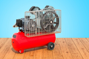 Tank air compressor on the wooden planks, 3D rendering