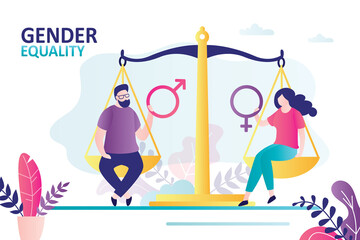 Male and female characters sit on scales and holds gender icon. Equal rights between men and women